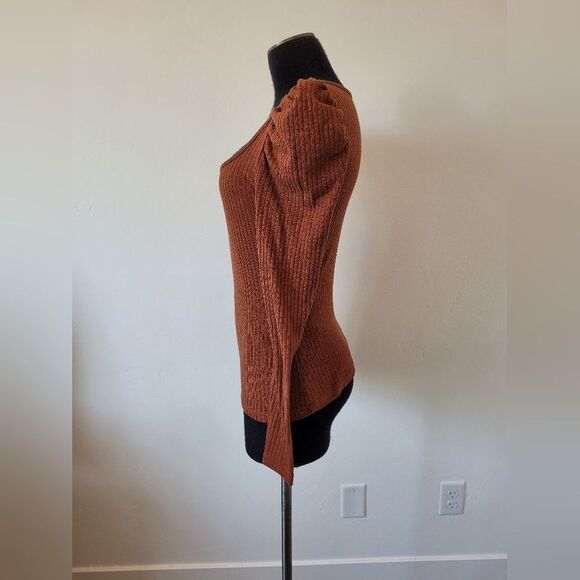 Burnt Orange Copper Puffed Long Sleeve Knit Top Ribbed Square Neck Twee Small - Picture 3 of 8